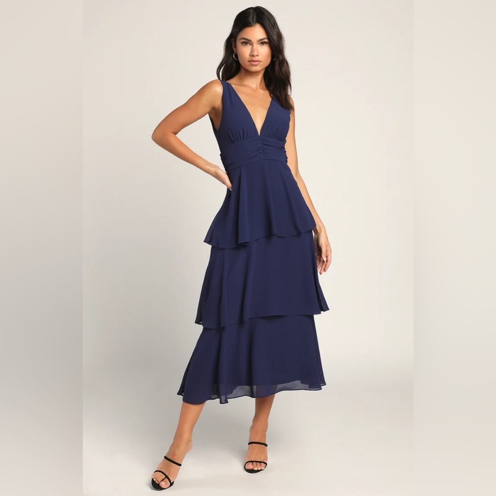 Celebration Time Navy Blue Sleeveless Tiered Midi Dress- Navy Blue NWOT